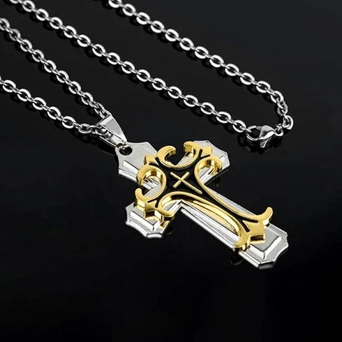 Titanium Creative Multi-Layer Gold Silver Cross/CZ Owl Pendant Necklace
