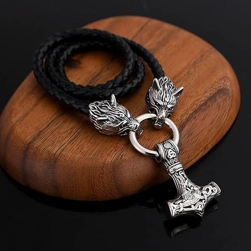 Titanium Norse Viking Twin Wolf Thor Hammer Pendant Necklace