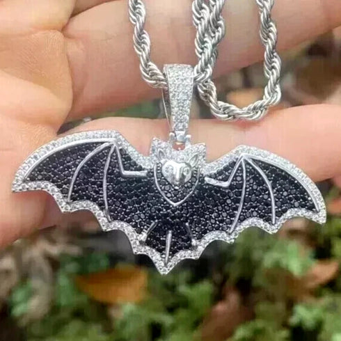 Iced Out Paved 14K White Gold Plated Cubic Zirconia Black Bat Pendant Necklace