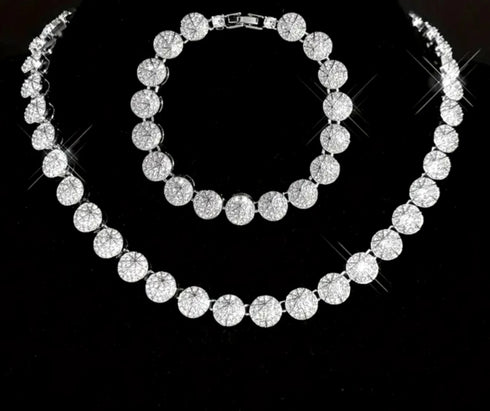 2-Pc FULLY ICED 14K Gold Plated Round Cluster CZ Tennis Chain Necklace & Bracelet
