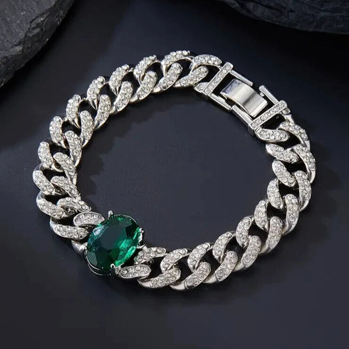 Fully Iced 14K White Gold Plated Green Cubic Zirconia Cuban Link Bracelet