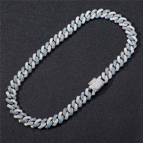 2 Pc Men Women FULLY ICED Rhombus Blue Cuban Link Chain 2Row CZ Necklace & Bracelet