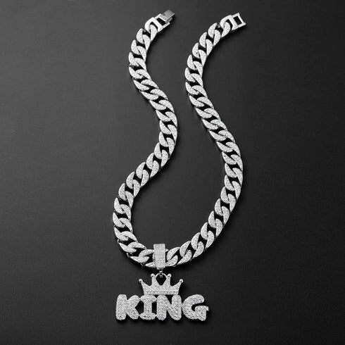3-Pcs FULLY ICED 14K White Gold Plated CZ Crowned King Cuban Necklace & Bracelet