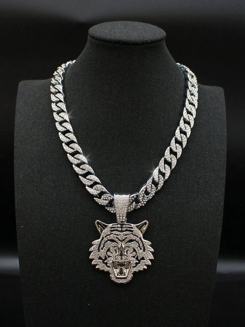 3 Pc Iced Out 14K Gold Plated CZ Tiger Head Pendant & Cuban Chain Necklace & Bracelet