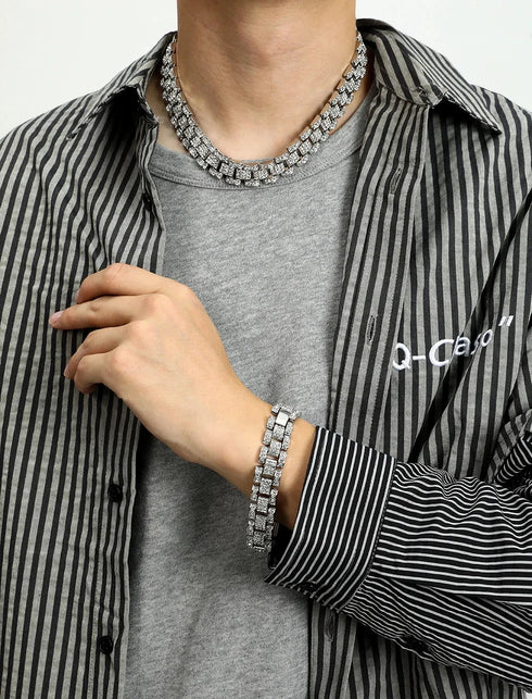 2Pc Men FULLY ICED Watch Band Baguette Chain 14KGold Plated CZ Necklace & Bracelet