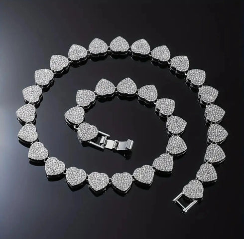 2-Pcs FULLY ICED 14K Gold Plated Heart Shape CZ Tennis Chain Necklace & Bracelet