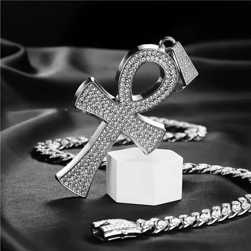 3-Pcs Iced 14K Gold Plated CZ Large Ankh Cross Pendant with Cuban Necklace & Bracelet