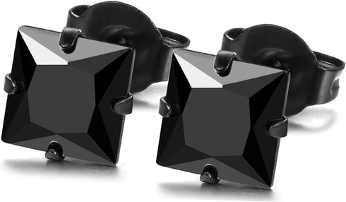 2 Pairs of 316L Surgical-Steel Black & Silver Square CZ Men Women Stud Earrings