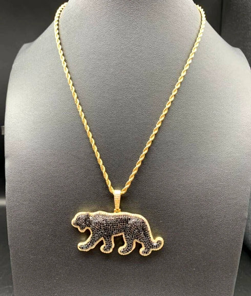 Iced Out 14K Gold Plated Cubic Zirconia Black Jaguar Panther Pendant Necklace