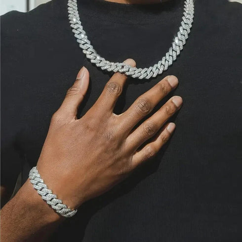 2-Pc ICED OUT 14K Gold Plated Gold/Silver CZ Cuban Chain Bracelet & Necklace Set