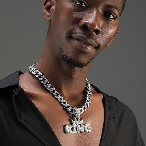 3-Pcs FULLY ICED 14K White Gold Plated CZ Crowned King Cuban Necklace & Bracelet