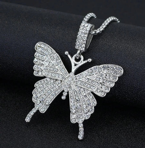 Iced Out Paved 14K White Gold Plated Cubic Zirconia Butterfly Pendant Necklace