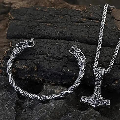 Nordic Viking Wolf Head Thor's Hammer Men Women Mjolnir Necklace & Bracelet Set