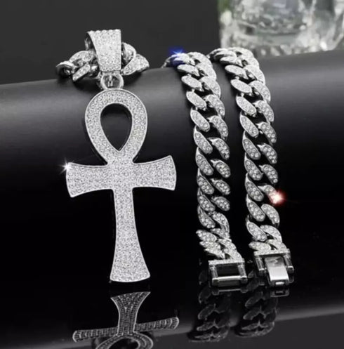 3-Pcs Iced 14K Gold Plated CZ Large Ankh Cross Pendant with Cuban Necklace & Bracelet