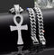 3-Pcs Iced 14K Gold Plated CZ Large Ankh Cross Pendant with Cuban Necklace & Bracelet