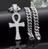 3-Pcs Iced 14K Gold Plated CZ Large Ankh Cross Pendant with Cuban Necklace & Bracelet