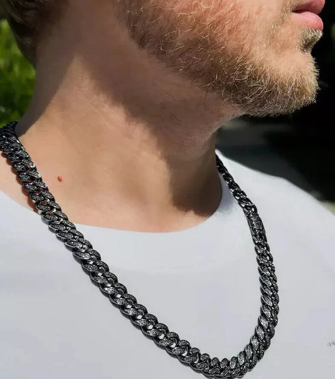 2 Pcs Men Women FULLY ICED Black Rhodium Plated Cubic Zirconia Necklace & Bracelet