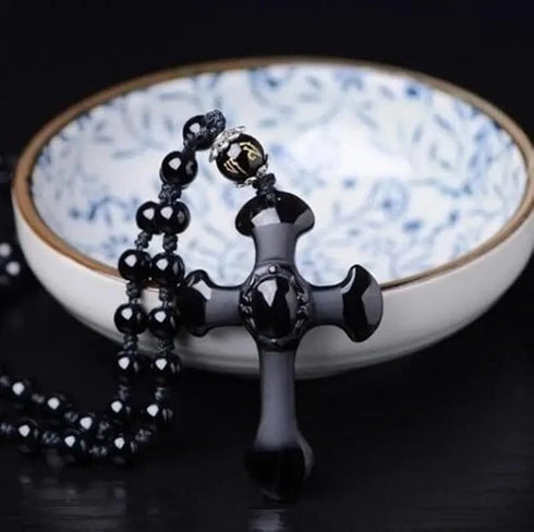 Good Luck Amulet Obsidian Cross Beaded Pendant Necklace