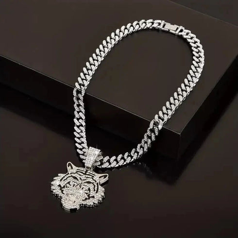 3 Pc Iced Out 14K Gold Plated CZ Tiger Head Pendant & Cuban Chain Necklace & Bracelet
