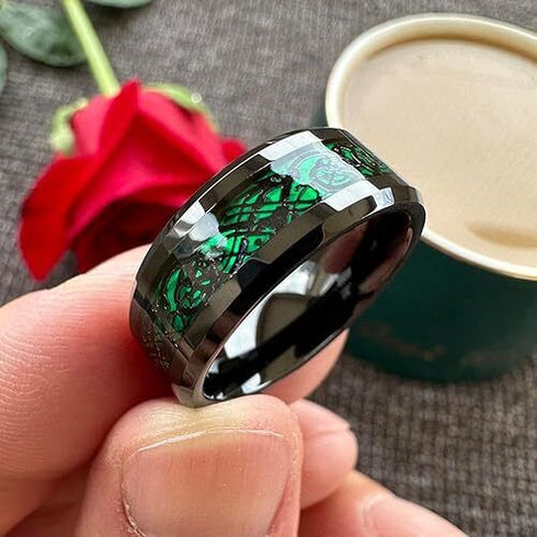 Beveled Edge Comfort-Fit Green Celtic Dragon 8mm Tungsten Wedding Band