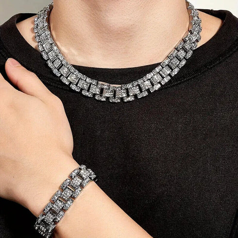 2Pc Men FULLY ICED Watch Band Baguette Chain 14KGold Plated CZ Necklace & Bracelet