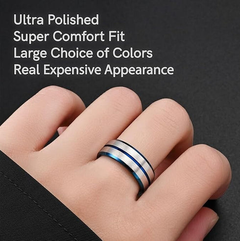 Men 8mm Tungsten Brushed Silver W/Blue Grooved Center Beveled-Edges Wedding Band