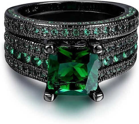 2 Pcs Princess Cut Green Black 18K Gold Plated Cubic Zirconia Women's Ring