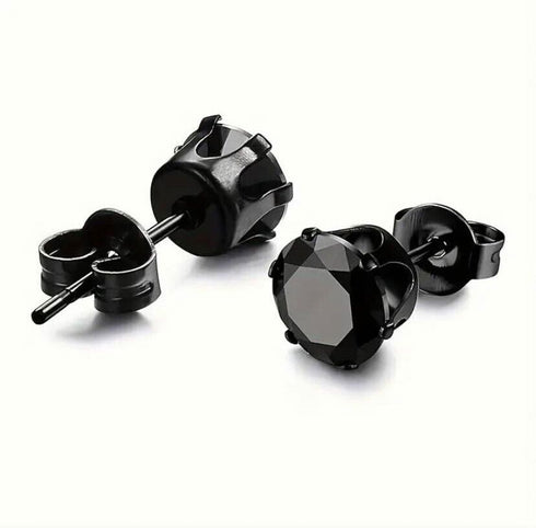 2 Pairs Titanium Steel Black Square CZ & Round CZ Stud Earrings For Men Women