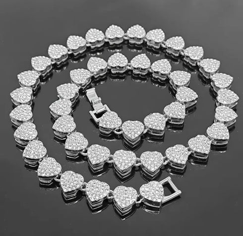 2-Pcs FULLY ICED 14K Gold Plated Heart Shape CZ Tennis Chain Necklace & Bracelet