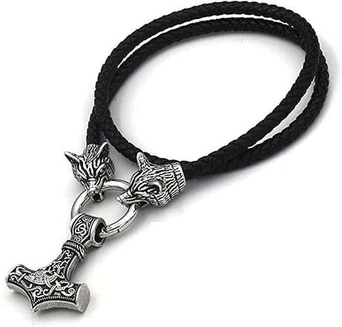 Titanium Norse Viking Twin Wolf Thor Hammer Pendant Necklace
