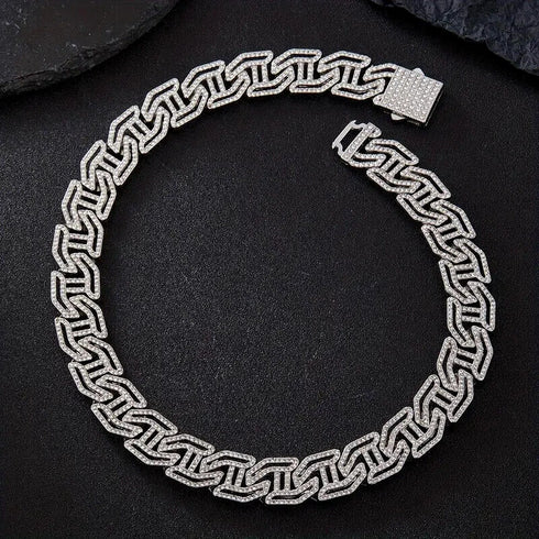 2-Pc ICED OUT Tiger Head 14K Gold Plated CZ Wide 'H' Shape Cuban Chain Necklace