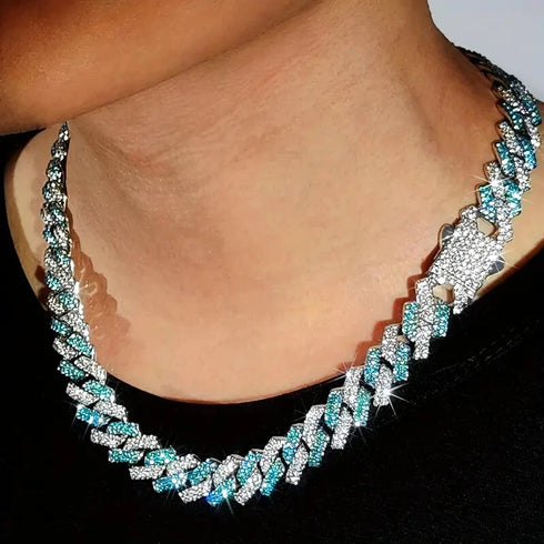 2Pc FULLY ICED 14K White Gold Plated CZ Miami Cuban Link Chain Necklace & Bracelet