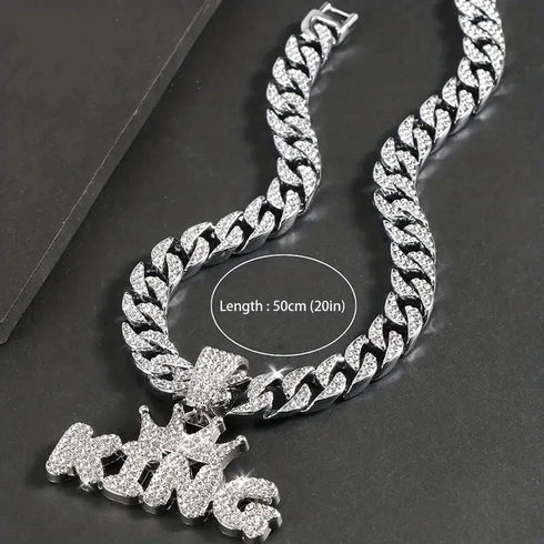 3-Pcs FULLY ICED 14K White Gold Plated CZ Crowned King Cuban Necklace & Bracelet