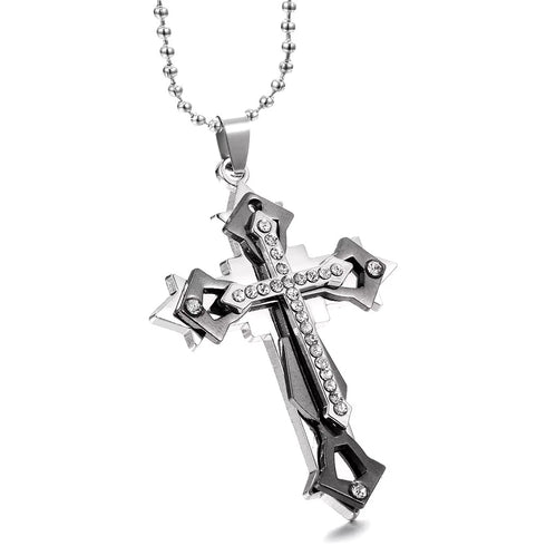 Titanium Creative Multi-Layer Cubic Zirconia Cross Pendant Necklace