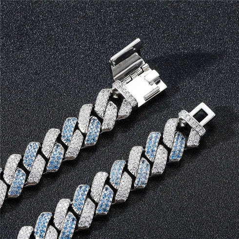 2 Pc Men Women FULLY ICED Rhombus Blue Cuban Link Chain 2Row CZ Necklace & Bracelet