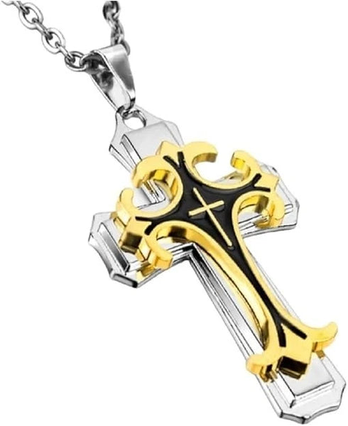 Titanium Creative Multi-Layer Gold Silver Cross/CZ Owl Pendant Necklace