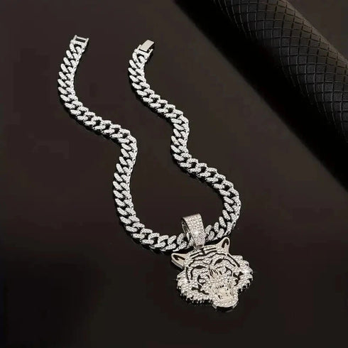 3 Pc Iced Out 14K Gold Plated CZ Tiger Head Pendant & Cuban Chain Necklace & Bracelet