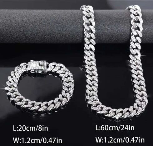 2Pc FULLY ICED 14K White Gold Plated CZ Miami Cuban Link Chain Necklace & Bracelet