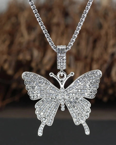 Iced Out Paved 14K White Gold Plated Cubic Zirconia Butterfly Pendant Necklace
