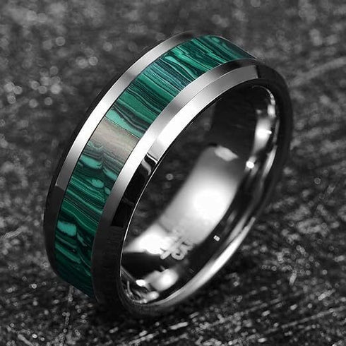 Beveled Edge Comfort-Fit Fabricated Malachite Inlay 8mm Tungsten Wedding Band
