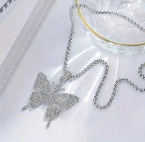 Iced Out Paved 14K White Gold Plated Cubic Zirconia Butterfly Pendant Necklace