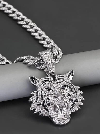 3 Pc Iced Out 14K Gold Plated CZ Tiger Head Pendant & Cuban Chain Necklace & Bracelet