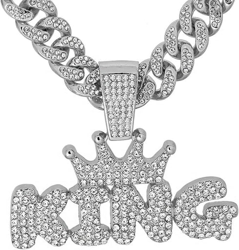 3-Pcs FULLY ICED 14K White Gold Plated CZ Crowned King Cuban Necklace & Bracelet