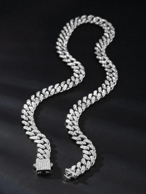 2Pc FULLY ICED 14K White Gold Plated CZ Miami Cuban Link Chain Necklace & Bracelet