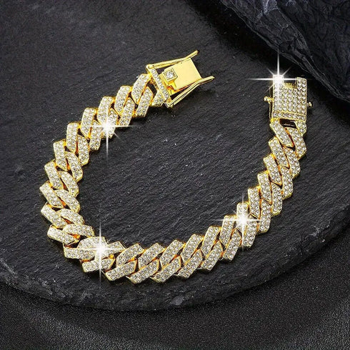 2-Pc ICED OUT 14K Gold Plated Gold/Silver CZ Cuban Chain Bracelet & Necklace Set