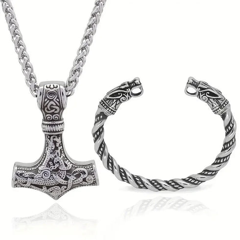 Nordic Viking Wolf Head Thor's Hammer Men Women Mjolnir Necklace & Bracelet Set
