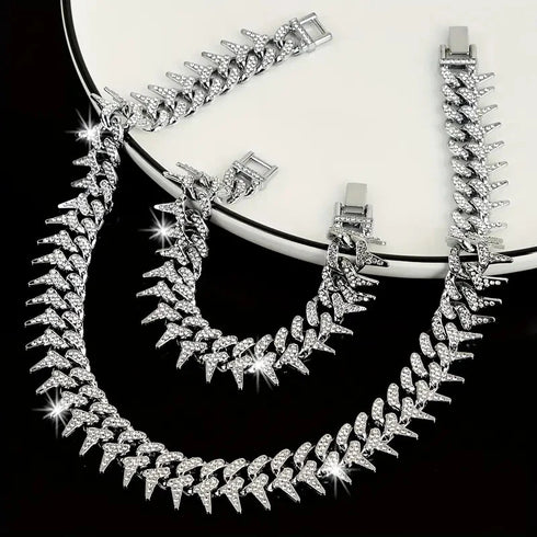 2 Pc FULLY ICED 14K White Gold Plated CZ Thorn Cuban Link Chain Necklace & Bracelet