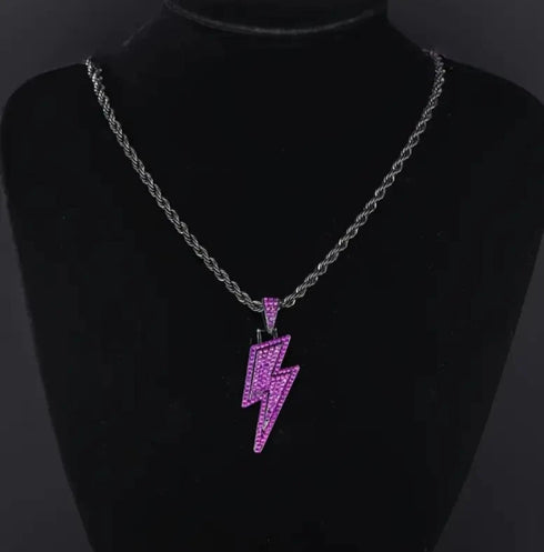 2Pc FULLY ICED Bling Rhodium Plated Purple Black CZ Cuban Link Necklace+Bracelet