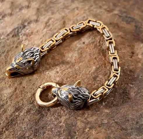 Titanium Norse Viking Twin Wolf W/Thor's Hammer 2-Tone Pendant Necklace