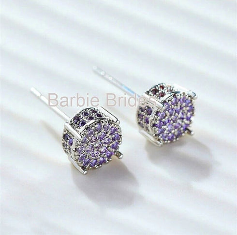 Micro Pave 14K Gold Plated Purple Cubic Zirconia Men Women Cluster Stud Earrings